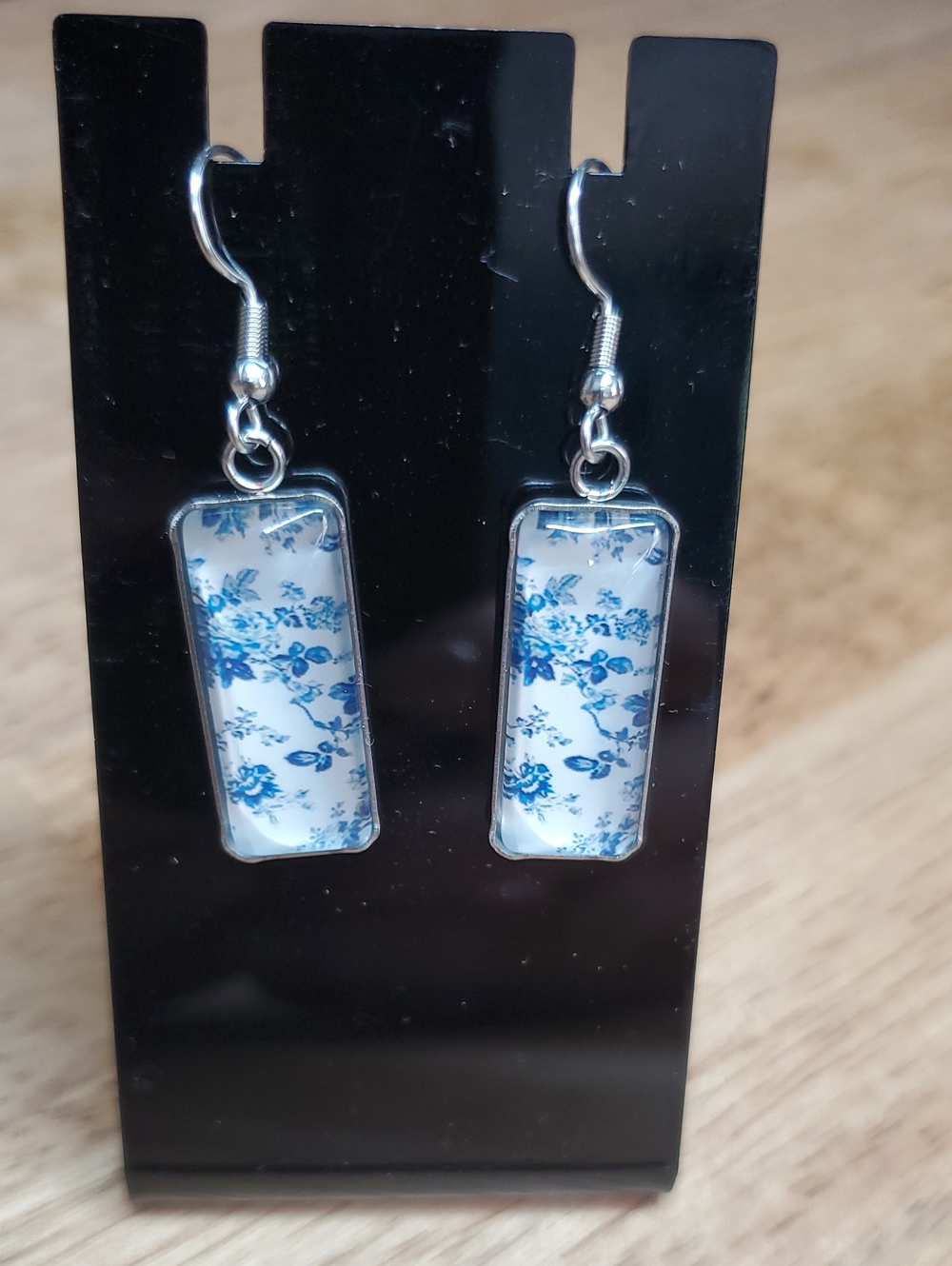 Blue Floral Rectangular Dangle Earrings - Women's Jewelry